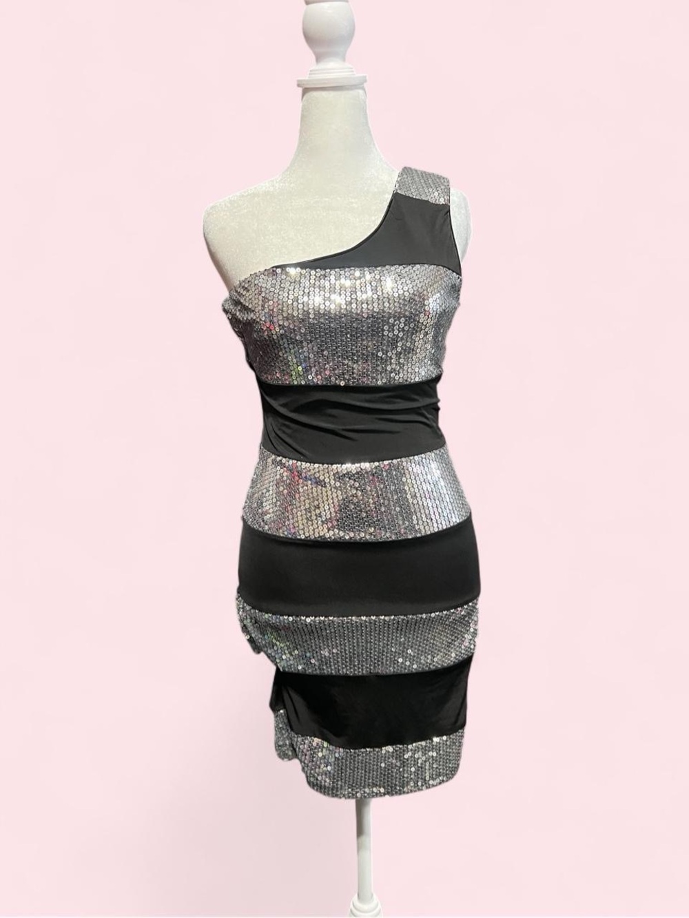 Small One-Shoulder Black and Silver Sequin Bandage Dress